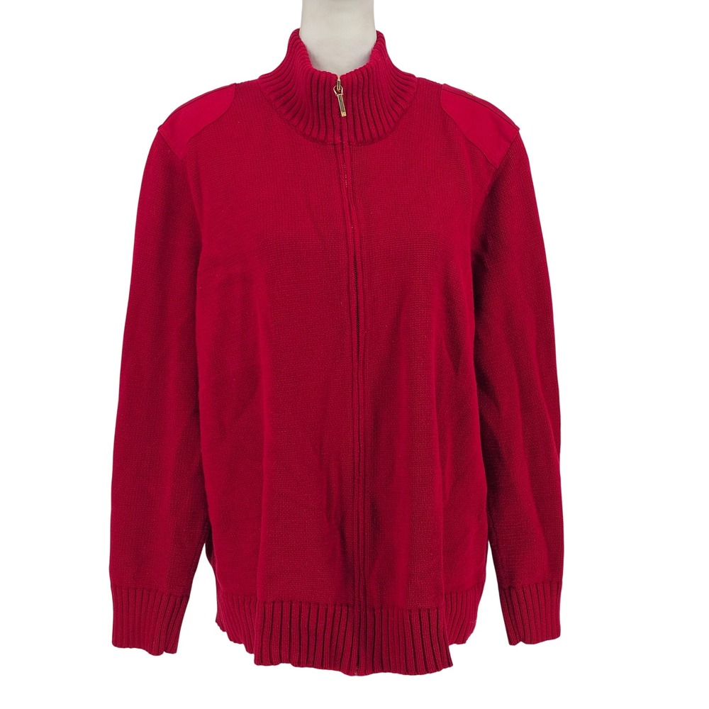 Lauren Ralph Lauren Full Zip Cardigan 3X Red Preppy Equestrian Shoulder Patch
